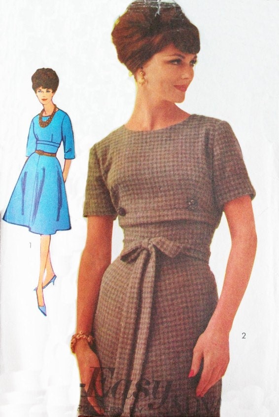 60s Advance 3070 Bust 33 Size 13 Wiggle Dress Horizontal Tuck Buttons Tied Bow Full Flared Skirt