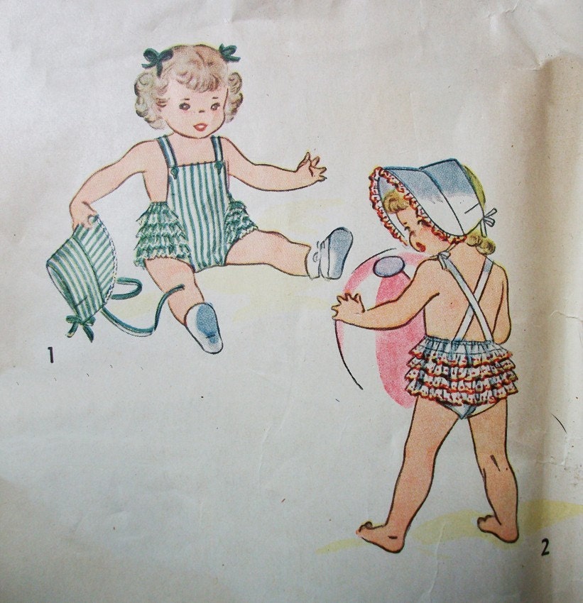 1940s Simplicity 1944 Breast 21 Size 2 Years Toddlers Childs Ruffled Play suit, Suspenders and Bonnet, Great Beachwear for Your Little Girl