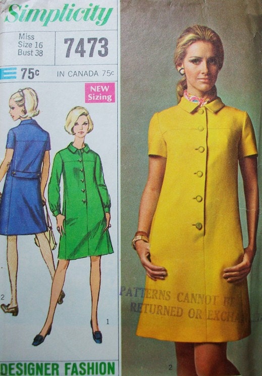 60s Simplicity 7473 Bust 38 Size 16 Dress Designer Fashion Back Belt Buttons Yoke A Line Mini Mod Short Long Sleeve Cuff