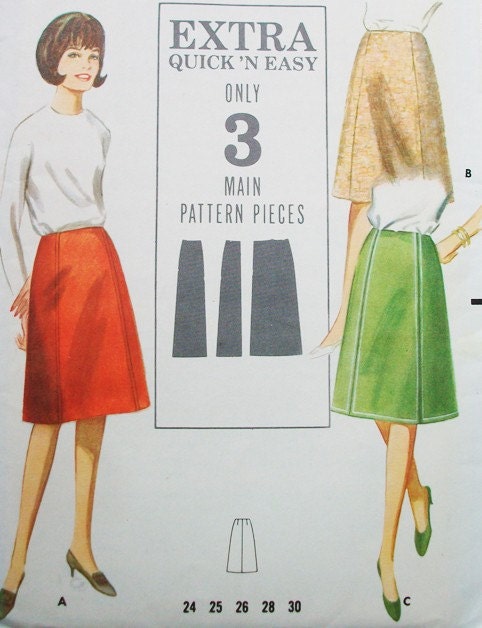 60s Butterick 3509 Skirt Waist 26 Hip 36 A Line Panels No Waistband Easy Beginner Center Back Zipper