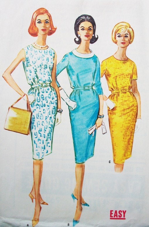 1960s McCall's Bust 32 Size 12 5921 Sewing Pattern Proportioned Wiggle Dress Tall Petite Sleeveless, Short Three Quarter Sleeves Mad Men