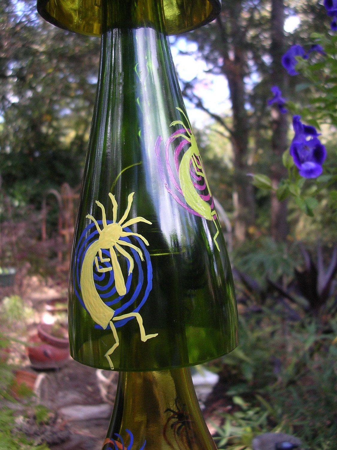 Handpainted wine bottle Home and Garden Amulet  art Spiritual Native American kokopelli Lucky Garden Charm  recycled  chime