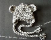 Newborn Baby Boy or Girl White and Gray Bear Earflap Crochet Hat, Great for Photo Prop