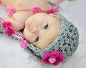Baby Girl Hat, Newborn Baby Girl Crochet Hat in Pink and Gray Earflap , Great for Photo Prop