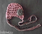 Baby Girl Hat, Newborn Crochet Hat in PInk with Gray Flower Earflap, Great for Photo Prop