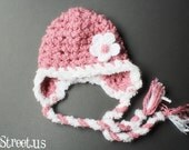 Baby Girl  Hat, Newborn Crochet Hat  in Vintage Pink and White with Earflap, Great for Photo Prop