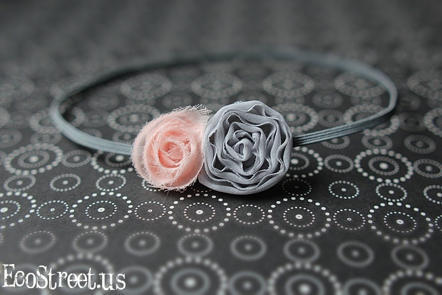 Baby Girl Headband,  Gray and Pink Two Roses Newborn Headband, Great for Photo Prop
