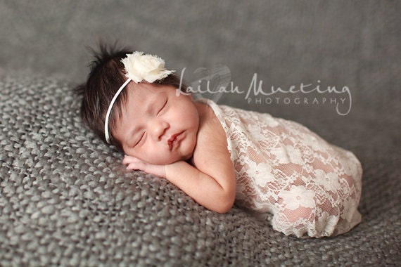 Baby Headband and Baby Wrap Set- Lace in Ivory White, Wrap Scarf, Great for Photo Prop