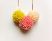 Neon Pom Pom Trio Necklace / Bright colorblock pompoms in mustard yellow, pink, peach / Spring Fashion
