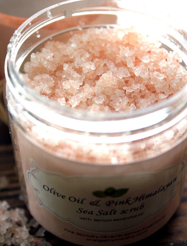 Pink Himalayan Olive Oil Salt Scrub with Lemon Essential Oil. Facial Scrub