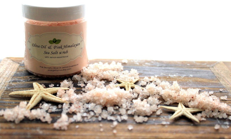 Pink Himalayan Olive Oil Salt Scrub with Lemon Essential Oil. Facial Scrub