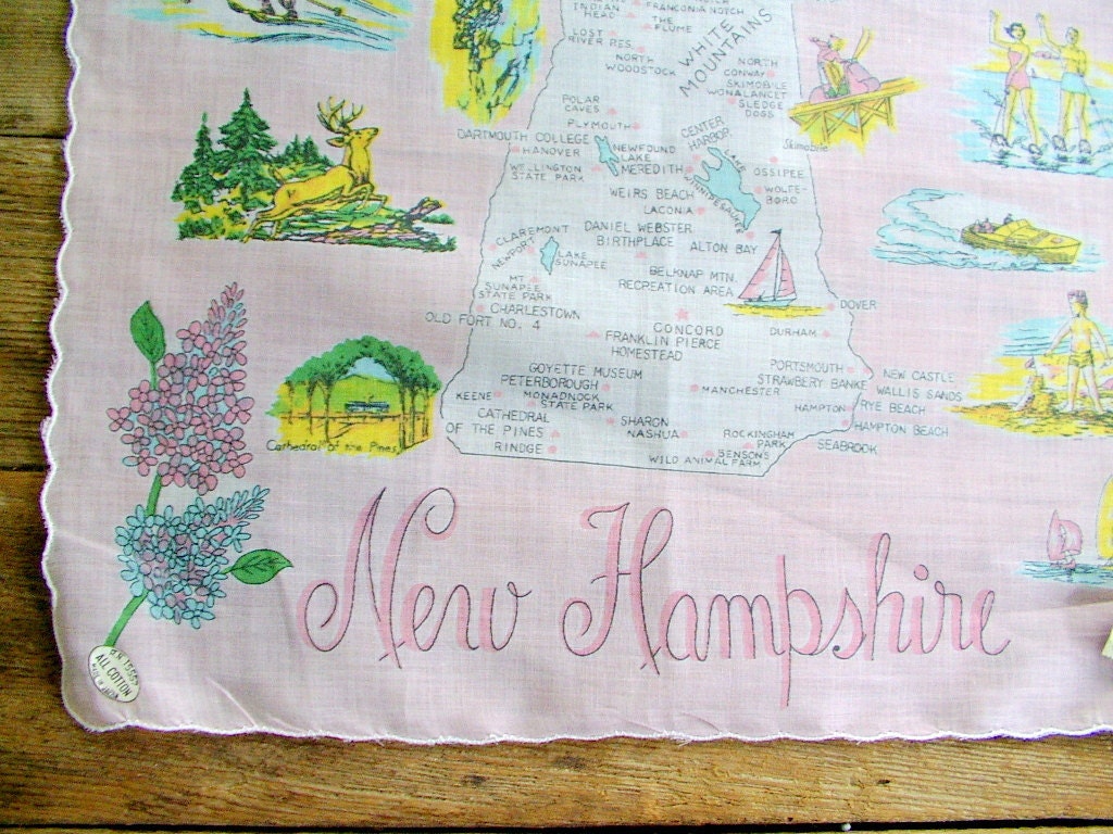 Road Trip NEW HAMPSHIRE vintage 1950s souvenir hankie MINT with tags