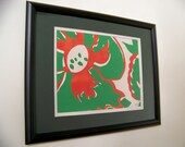 Vintage 1966 Original Abstract Floral Screenprint - Bright Red Kelly Green - Signed/Matted/Framed - "Flowers in Abstract" - Free Shipping