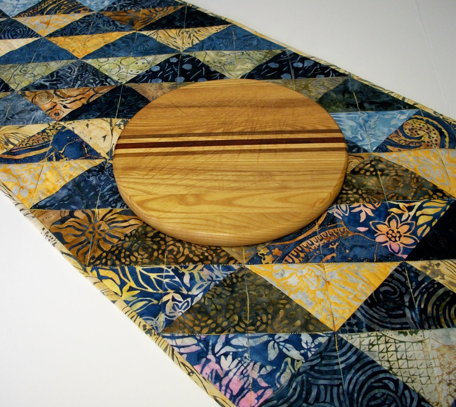 Table Runner-Batik Triangles Blueberry Pie Tonga Creme Brulee Handmade Quilted Ready to Ship One of a Kind