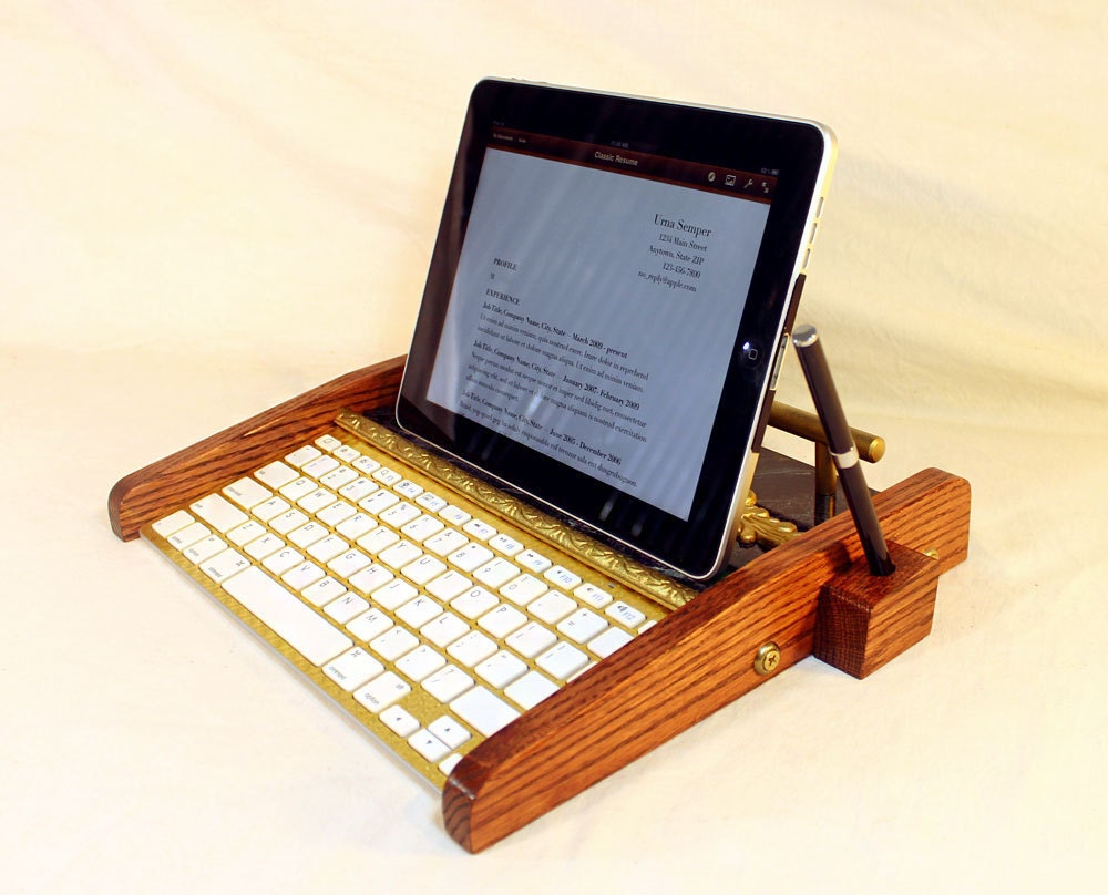 iPad Tablet Workstation - Keyboard - Tablet  Dock  - Victorian Marble Steampunk - Oak -  With Pen Stylist - Desktop Workstation