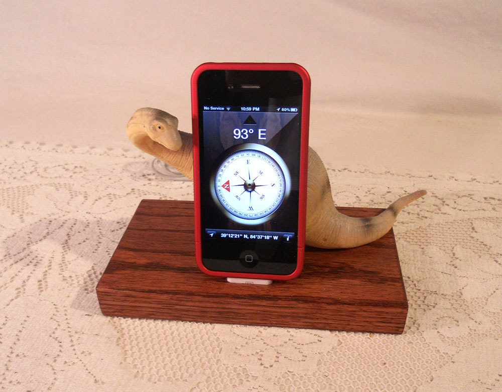 iPhone - iPod Dock -Charger and Sync Station - Oak - Big Tan Grey Dino - Scary - One of a Kind
