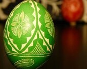 Easter Egg - Lithuanian European Chicken Egg Scratched REAL Geometric Green Pysanky Handcrafted