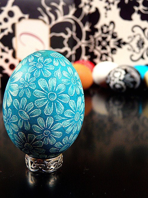 Hand Scratched Egg Mother's Day Present Floral Turquoise Lithuanian