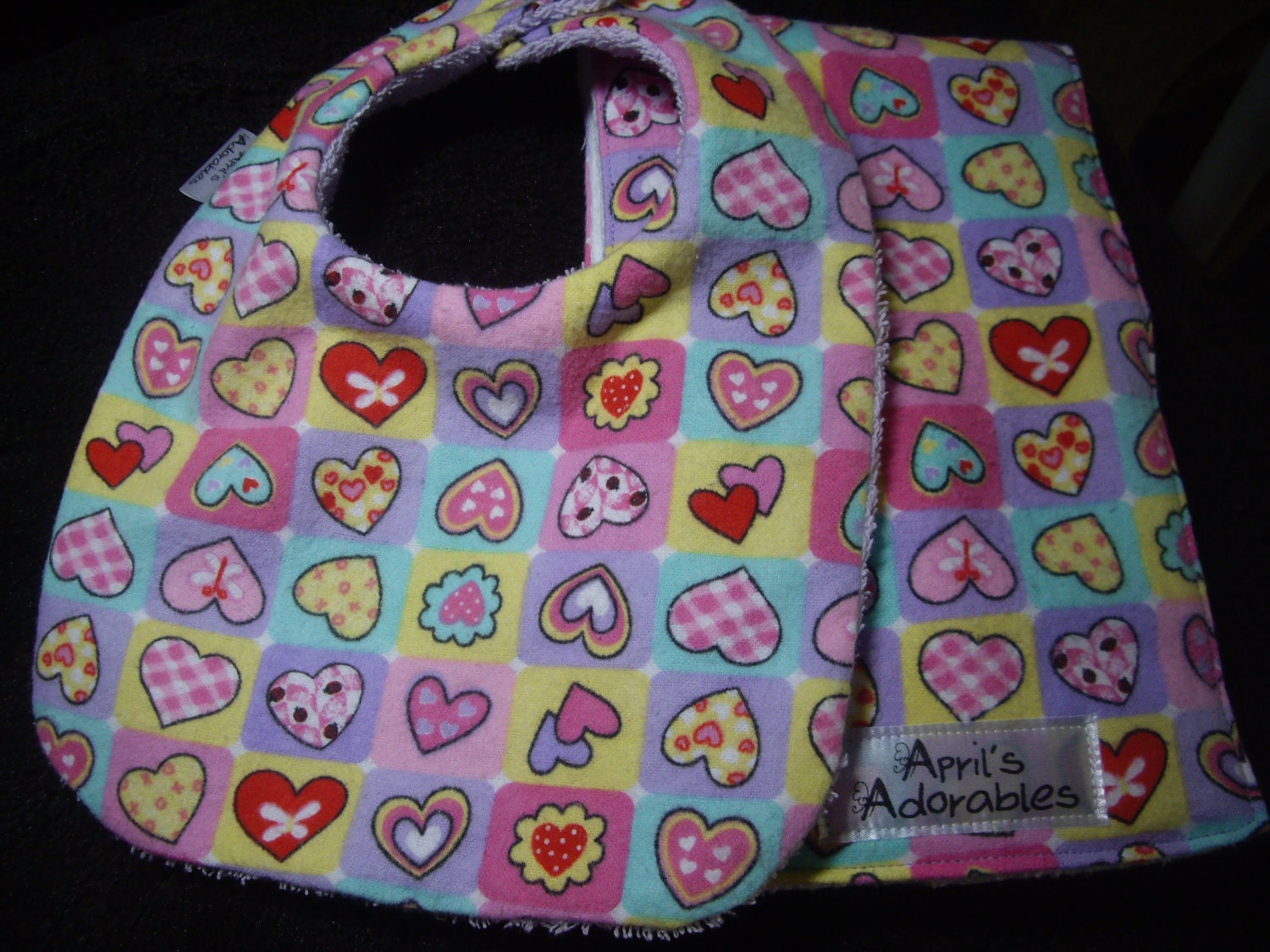 100% Cotton Multi Colored Hearts Baby Bib and Burp Cloth Set