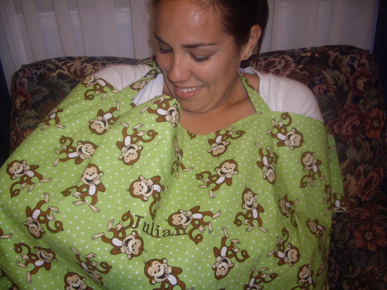 Personalized Lime Green Monkey Nursing Cover For Boy or Girl