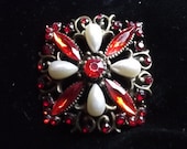 Vintage Rhinestone Brooch,Ornate Brooch,Baroque Brooch, Square Brooch, Fire Red Navettes (sn 697)
