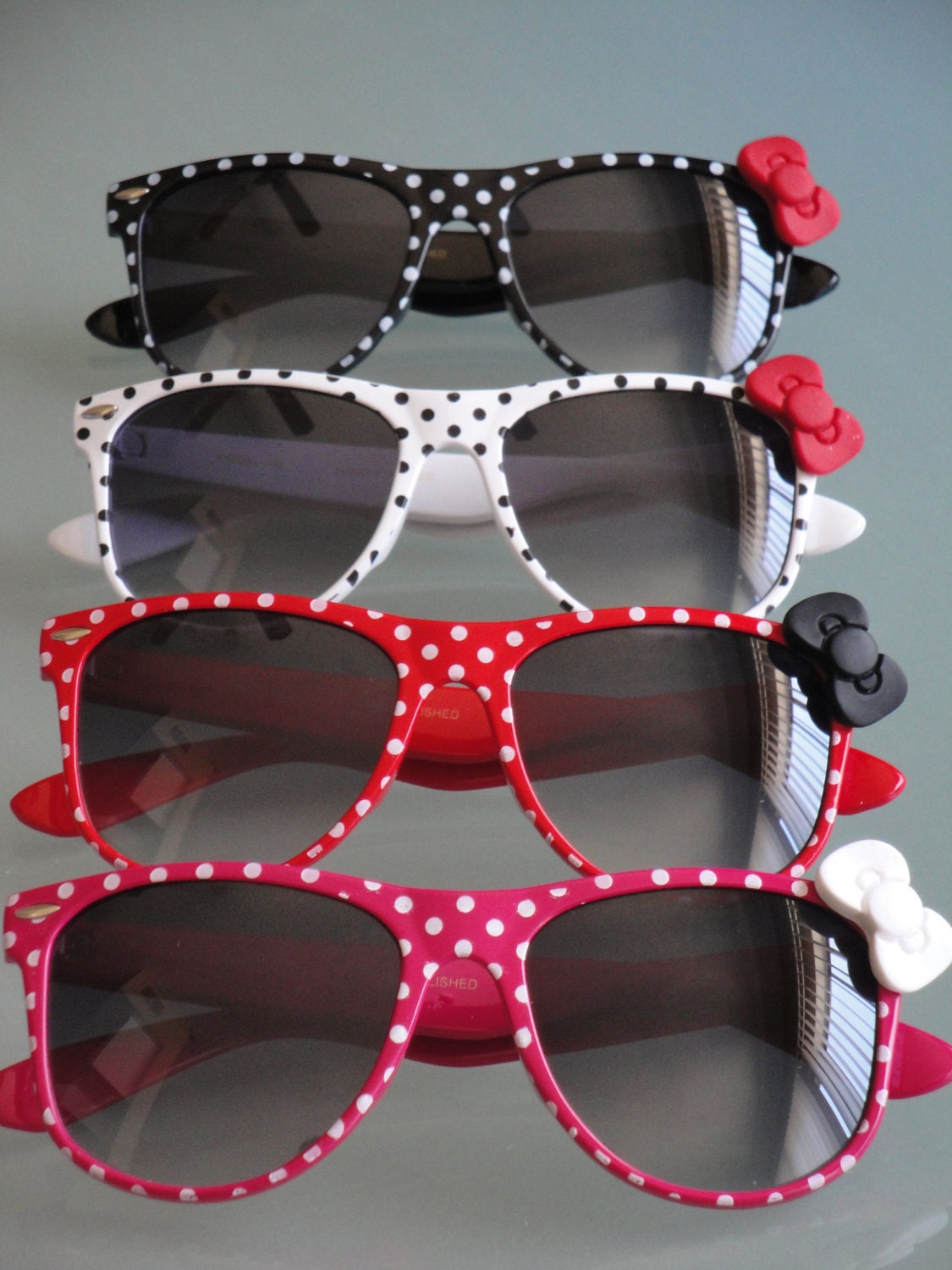 Polka Dot Nerd Sunglasses with Bow - Dark Pink Frames, Dark Lens