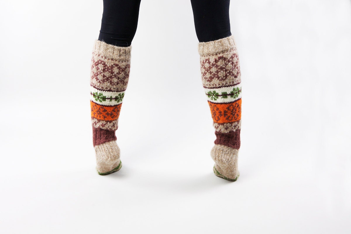 Knee high knitted socks with Scandinavian ornaments for women gift for her