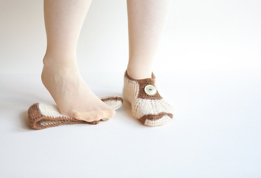 Black friday SALE 20% Creme brulee soft and warm wool hand knitted socks slippers for women or girl