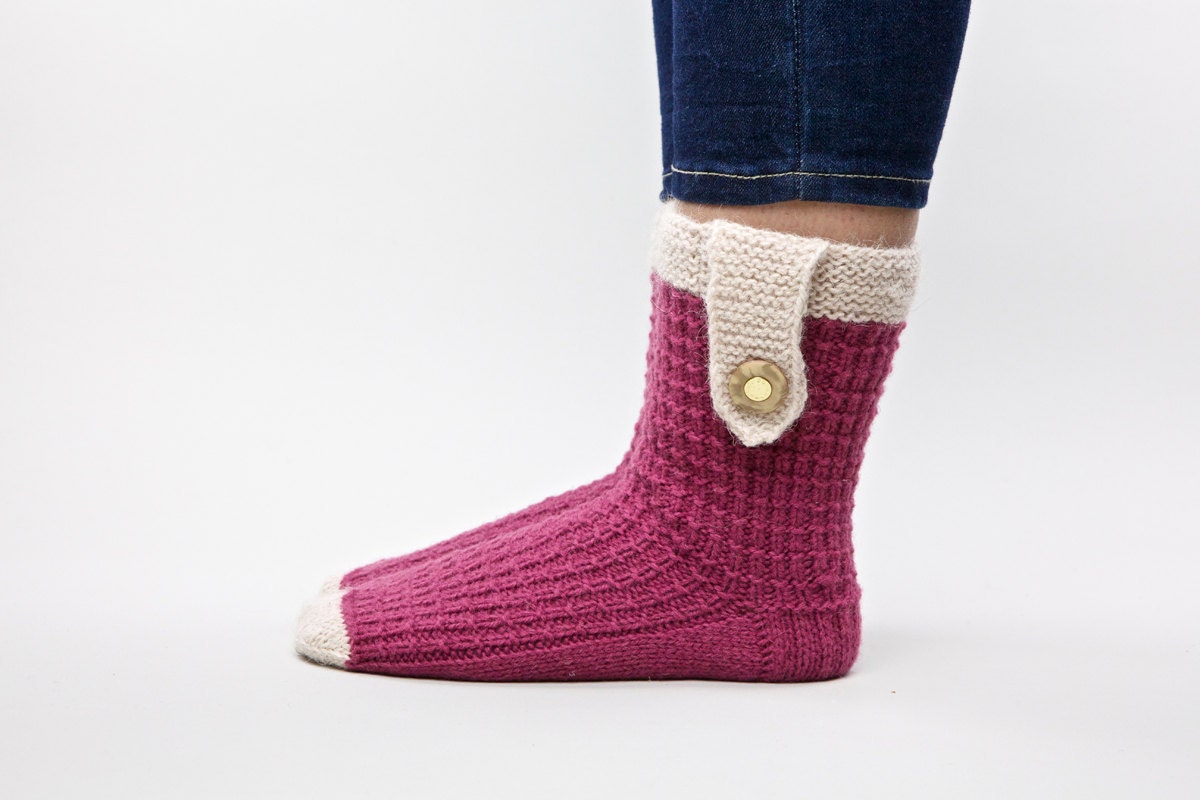 SALE 20 % Raspberry long soft and warm wool hand knitted socks for women or girl