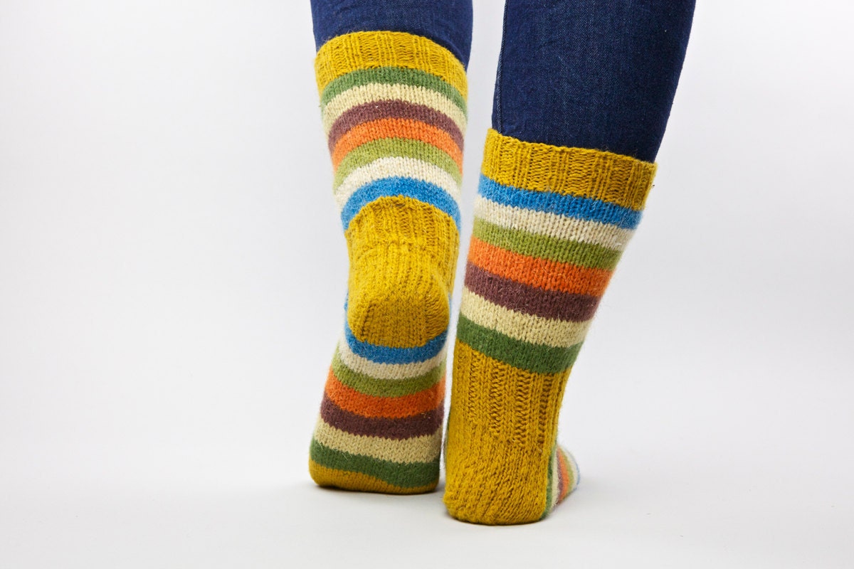Colorful spring wool hand knitted socks for unisex adults gift under 40
