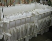 Vintage White Crib Bedding-Ruffled White Nursery Bedding-2" Ruffled Bumpers/Long sash style ties/Gathered Storybook Cribskirt