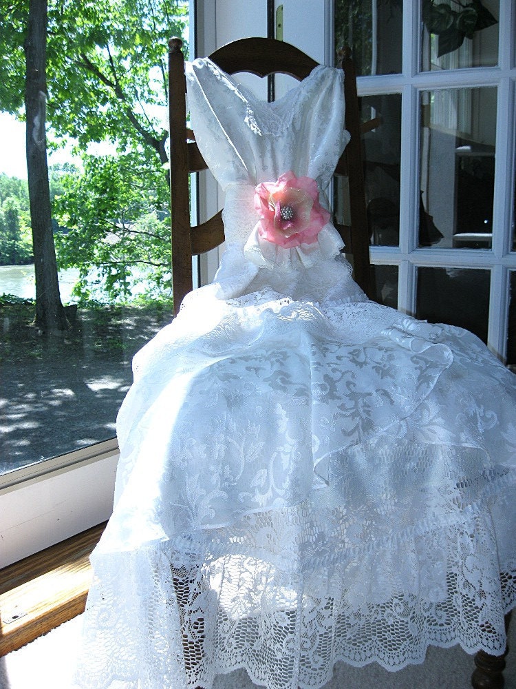 Creamy white brocade wedding dress Vintage lingerie slip over dress Fairytale Romantic Ruffle Bohemian Gypsy Eco chic Small - Medium