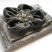 Clutch/wallet made from gray recycled silk tweed with recycled wool flower
