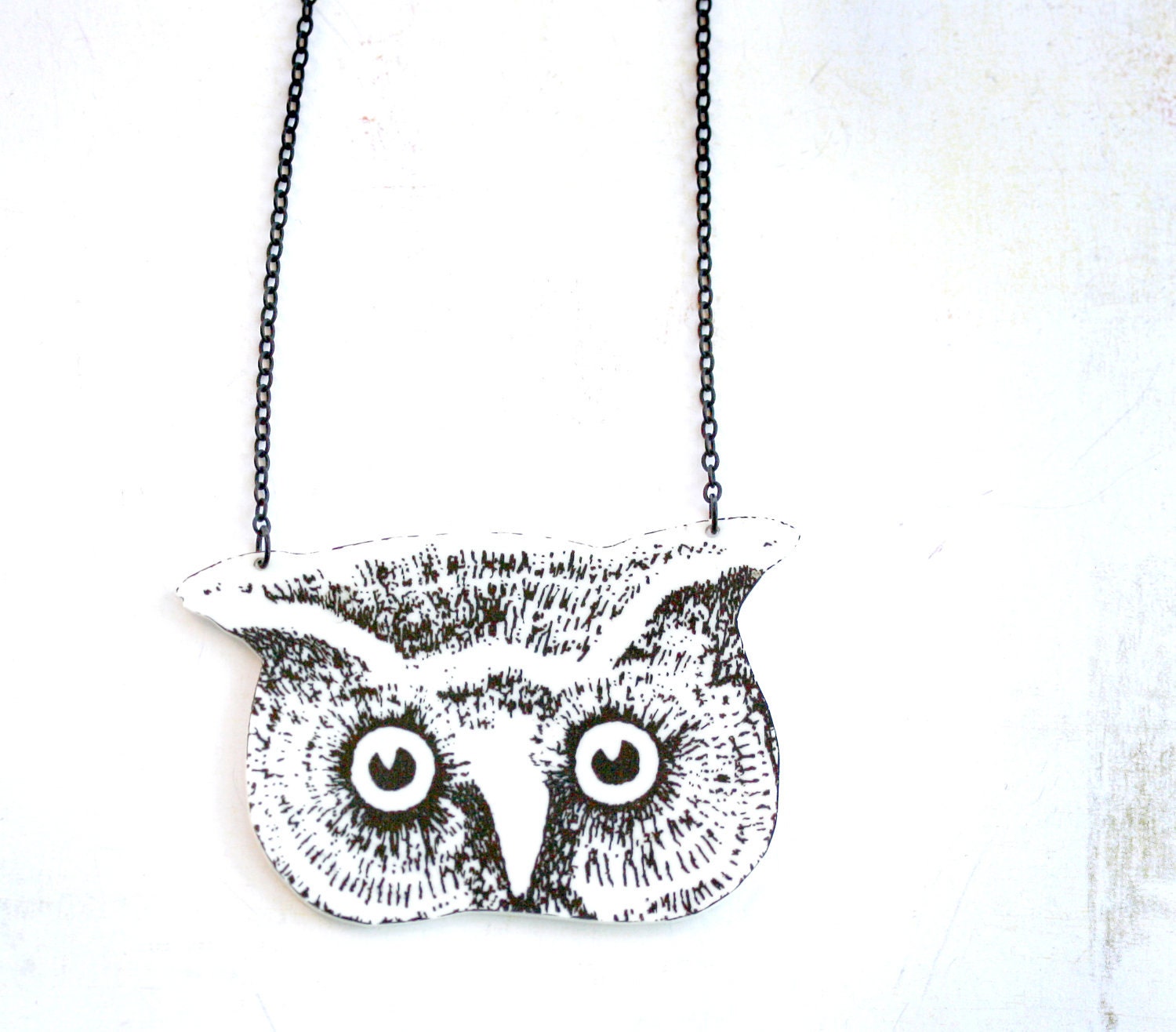 Owl necklace -pendant, drawing on plastic