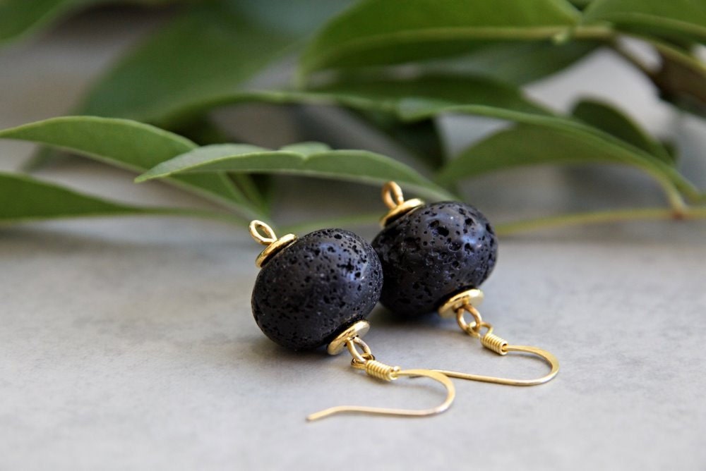 Black and Gold - Lava Rock Earrings