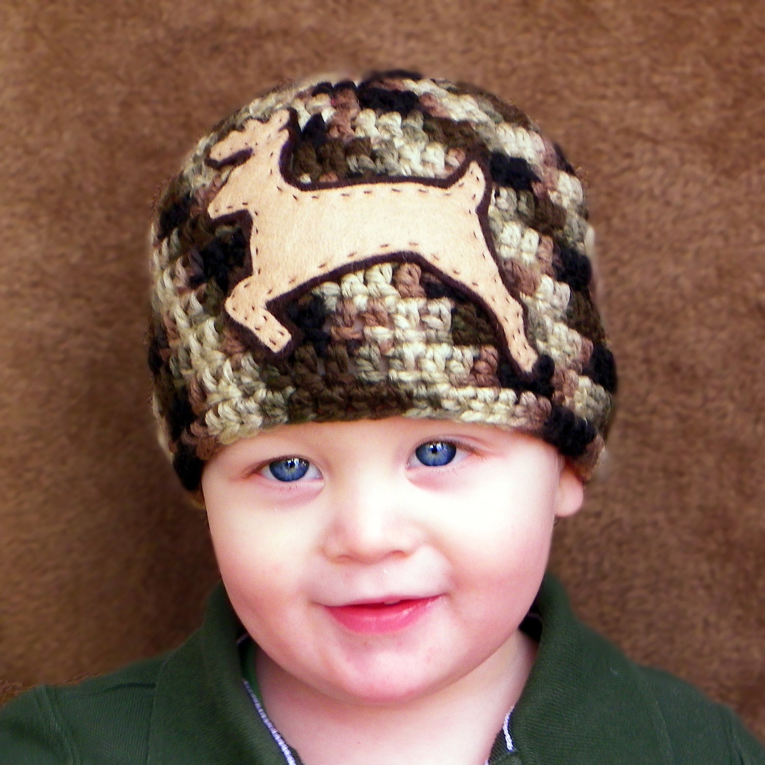 Camo Crochet Beanie With Felt Deer Applique -Choose Any Size