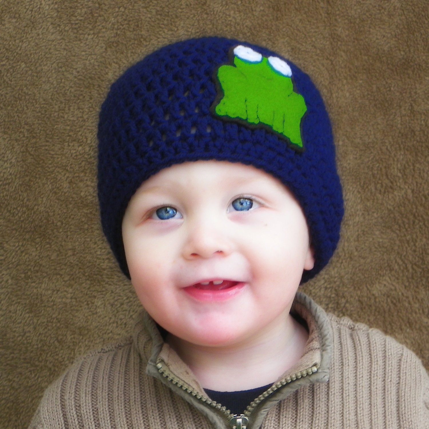 Navy Blue Crochet Beanie With Felt Frog Applique -Choose Any Size