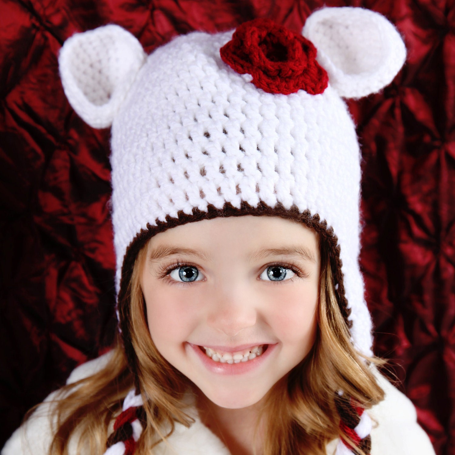 Girls White Bear Hat With Dark Brown Trim And Red Flower - Choose Your Size