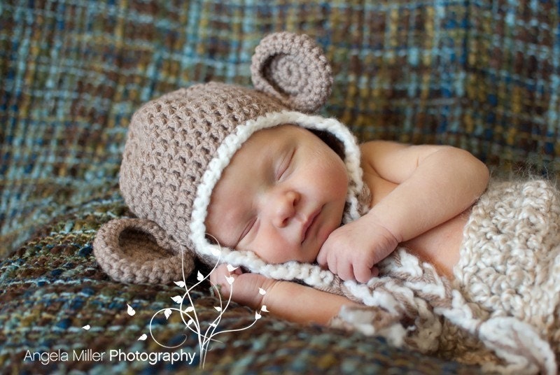 Light Brown Crochet Monkey Hat With Cream Trim - Choose Your Size