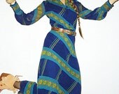 Her FiRST LONG DRESS Silk Chiffon Maxi 70s Dress with Incredible Pattern for Bold and Beautiful S/M