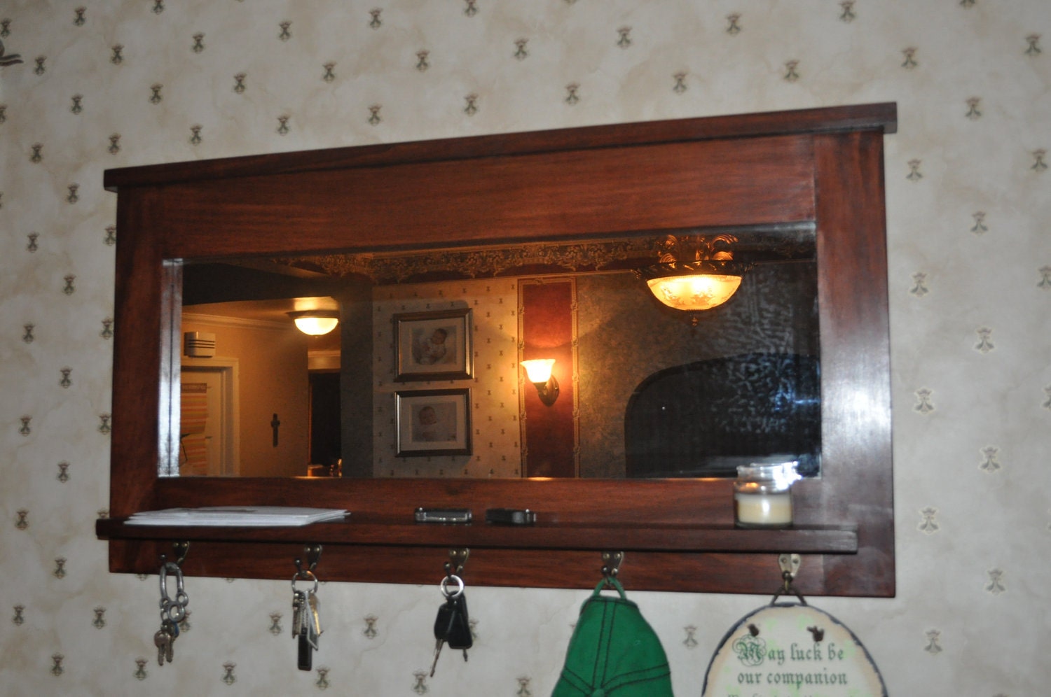 Entry organizer wall mirror made with solid hardwood, 5 key hooks, 39 inches wide x 21 high x 4 inches deep