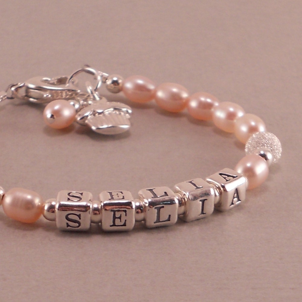 Personalized Name Bracelet, pink pearls, little girls jewelry, birthday bracelets, cupcake charm, heart, toddler, baby