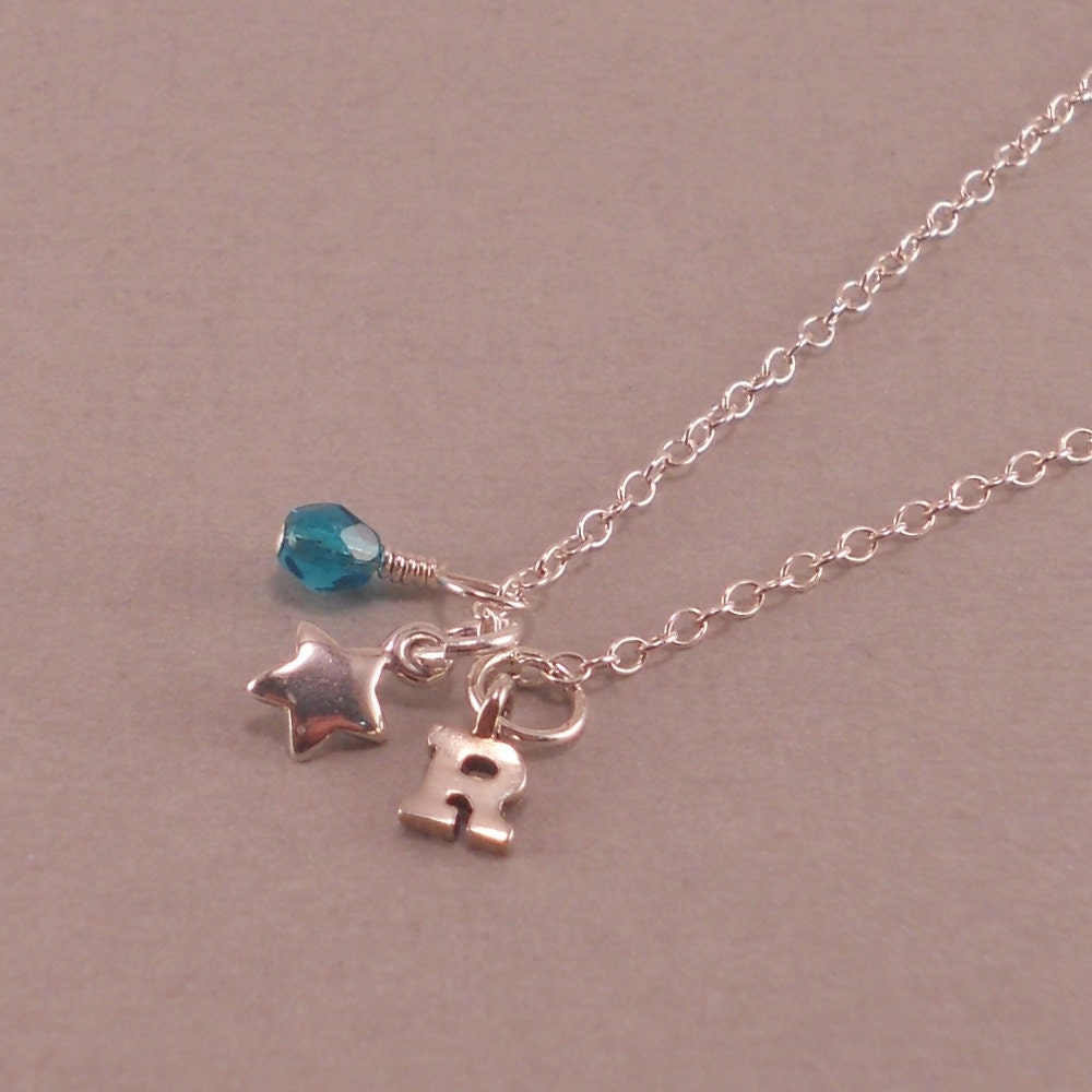 Star Necklace, Sterling Silver, birthstone, initial, little girls birthday, childrens jewelry, for niece, teal, three year old girl