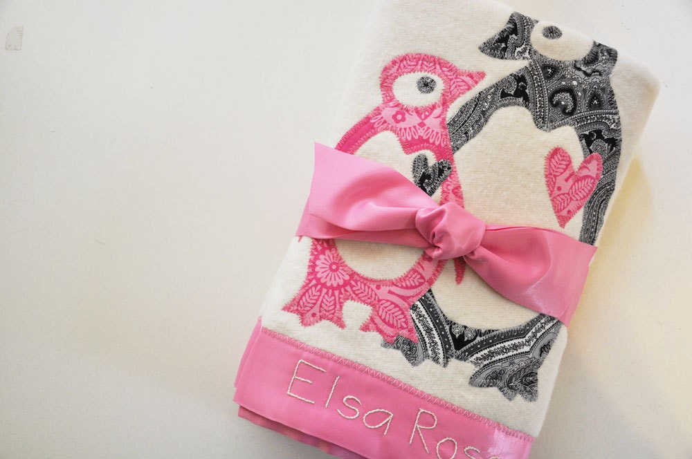 RESERVED - Custom Organic Penguin Baby Blanket in Pink and Black