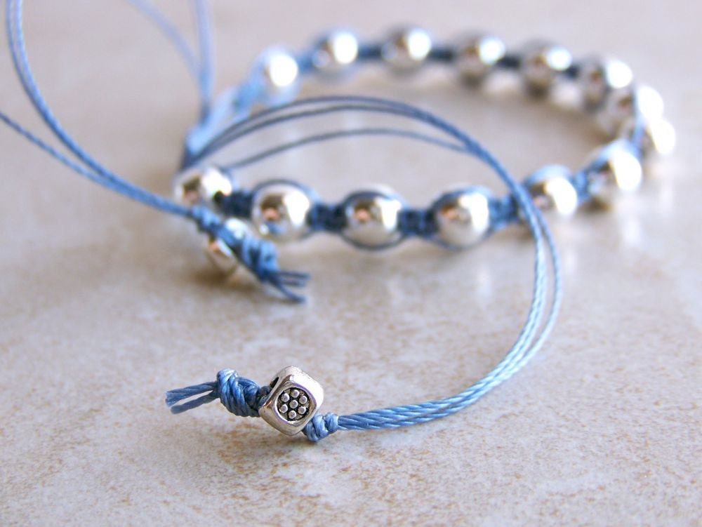 Knotted Pull Bracelet. Deep Sky Blue. Silver-Plated Beads. Silver Plated Pulls. - slipstreamblue