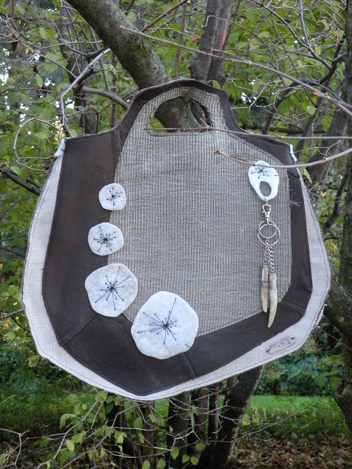 Flower tote bag purse brown tan beige leather canvas Textile organic futuristic nature rustic modern primitive distressed recycled upcycled