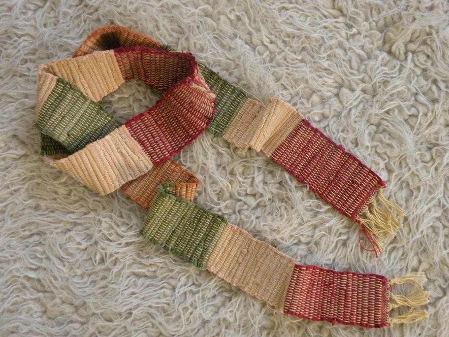 Woven fall autumn red green orange skinny scarf primitive rustic recycled upcycled necklace