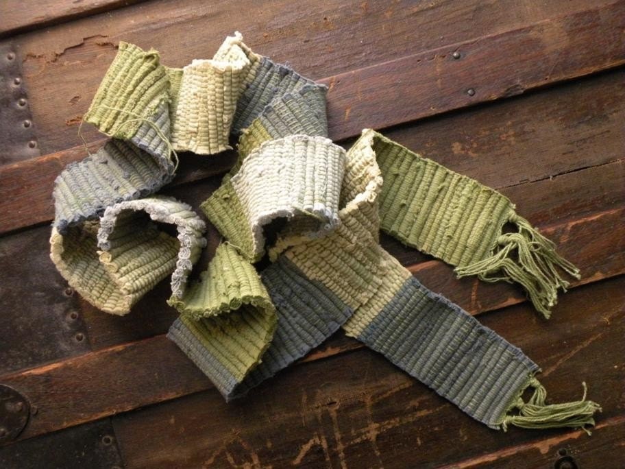 Woven spring leaves skinny scarf olive green sky blue tan cream primitive rustic recycled fall autumn winter upcycled necklace
