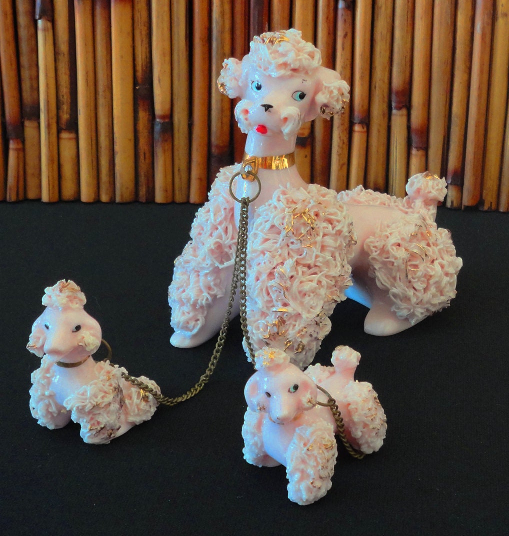 Fabulous Vintage Lefton Pink Spaghetti Poodles, Mama and Babies, 1950