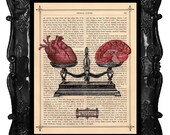 EQUILIBRIUM human HEART BRAIN on dictionary book page art print upcycled anatomical heart brain scale black white art